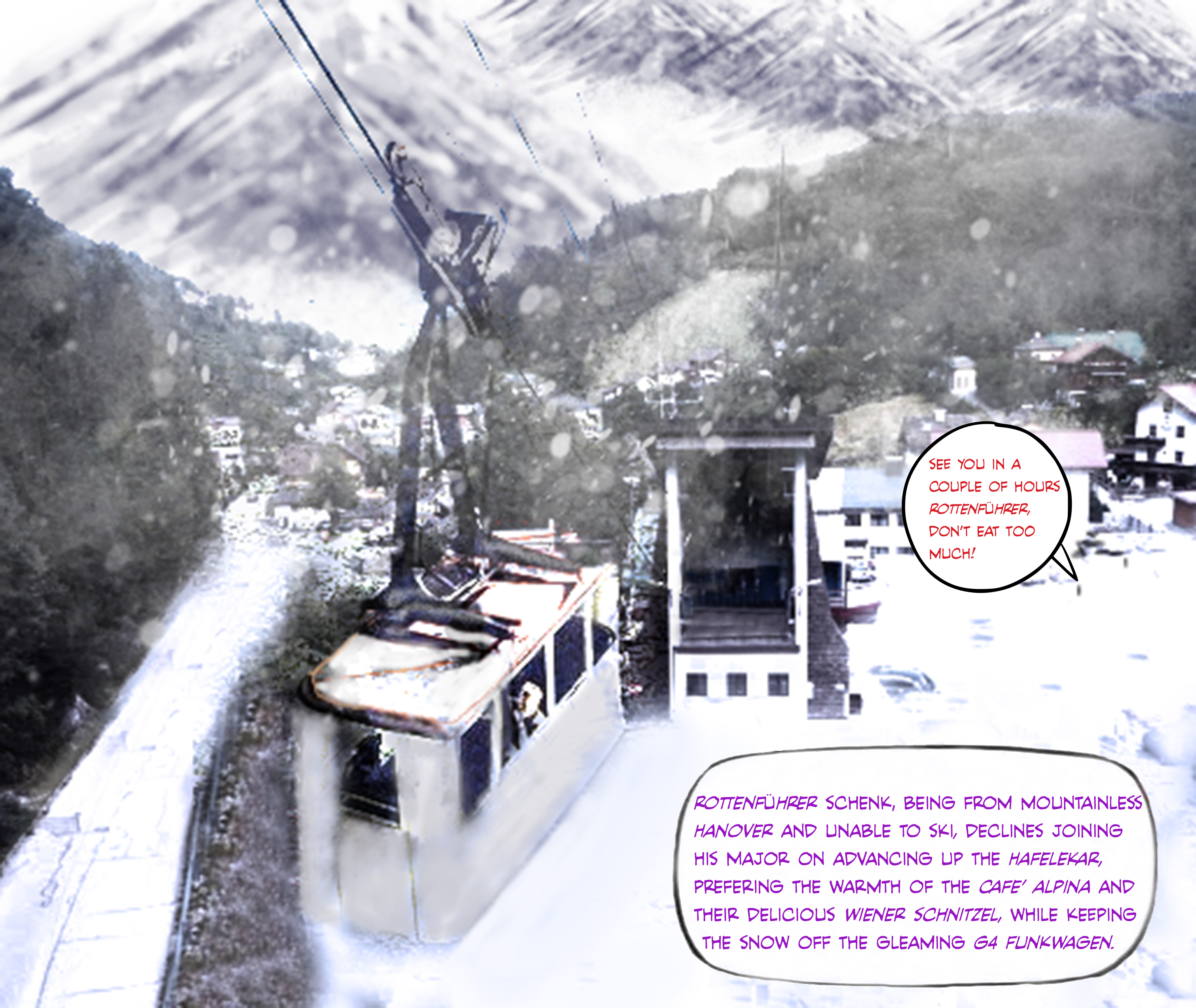 alt=&quot;cable car ascending the Austrian Alps in a snow storm&quot;