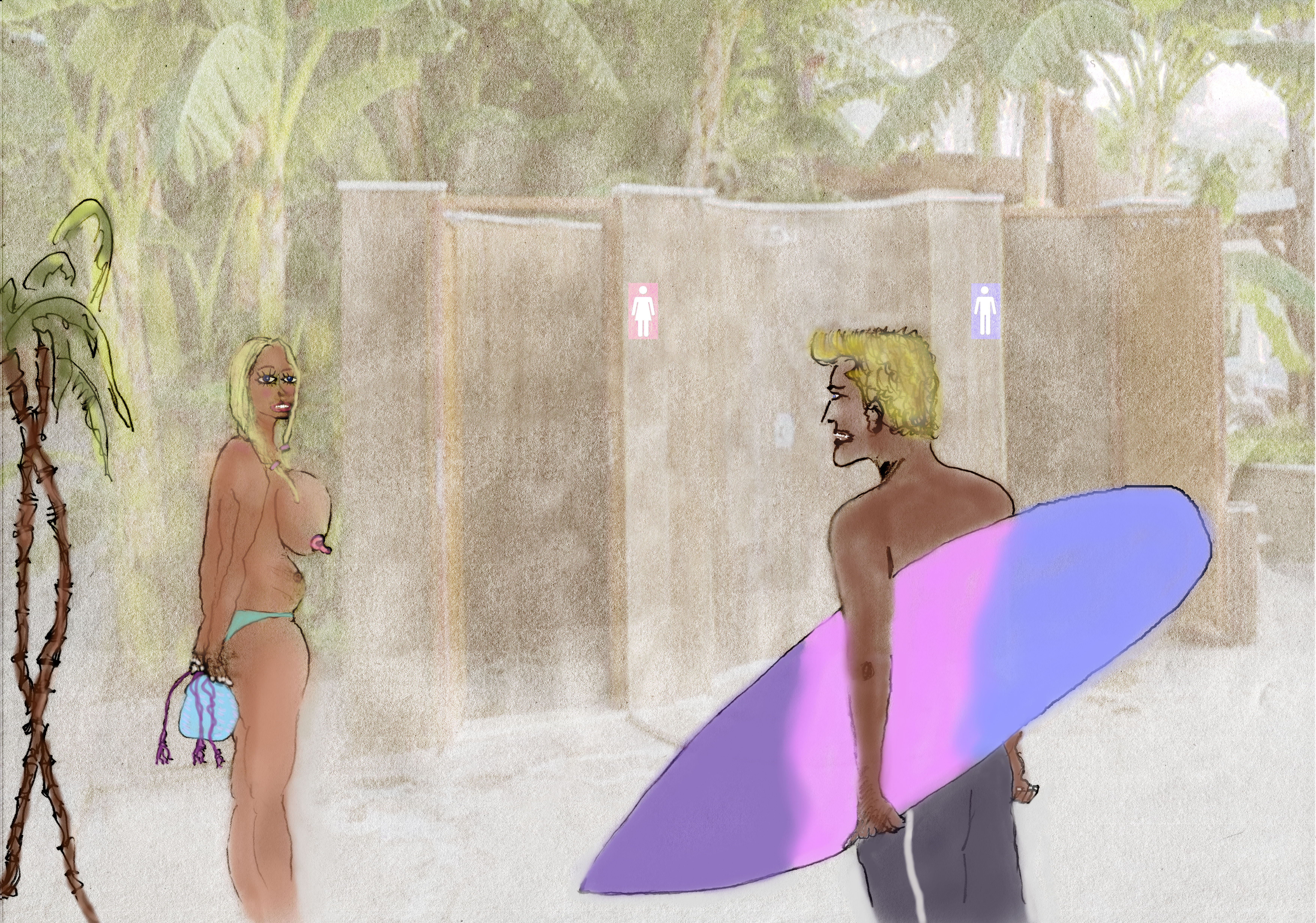 alt=&quot;Huge hootered blonde girl waiting for the loo meets handsome surfer dude&quot;