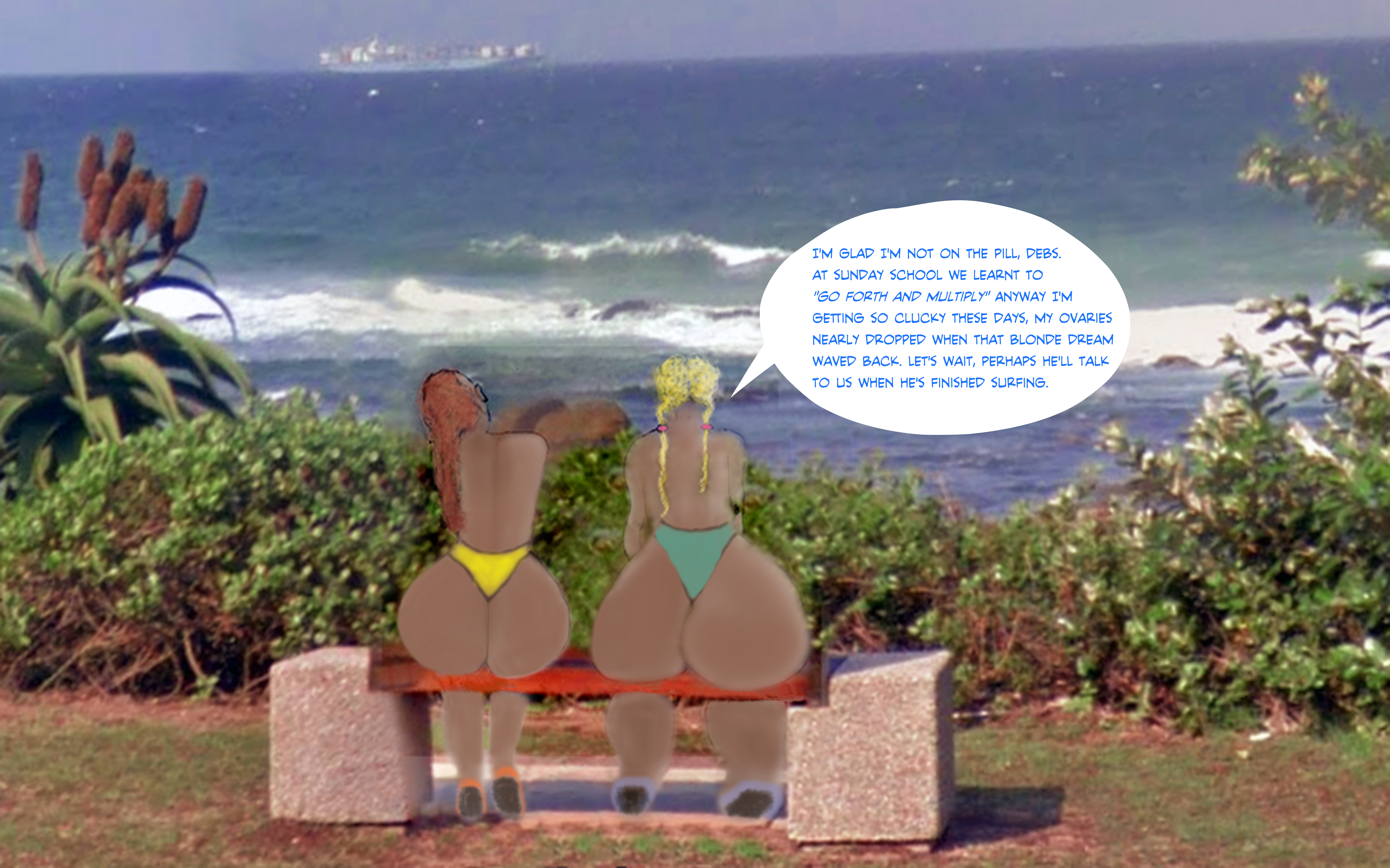 alt=&quot;pigtailed blonde beach babe with huge butt hanging over bench