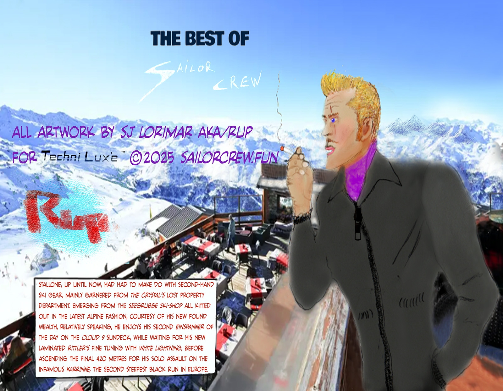 Cloud 9 sun-deck Seegrubbe ski station Innsbruck by Rup for Sailor Crew, a movie storyboard credits picture - black ski jacket fashion item purple cravat accesory.