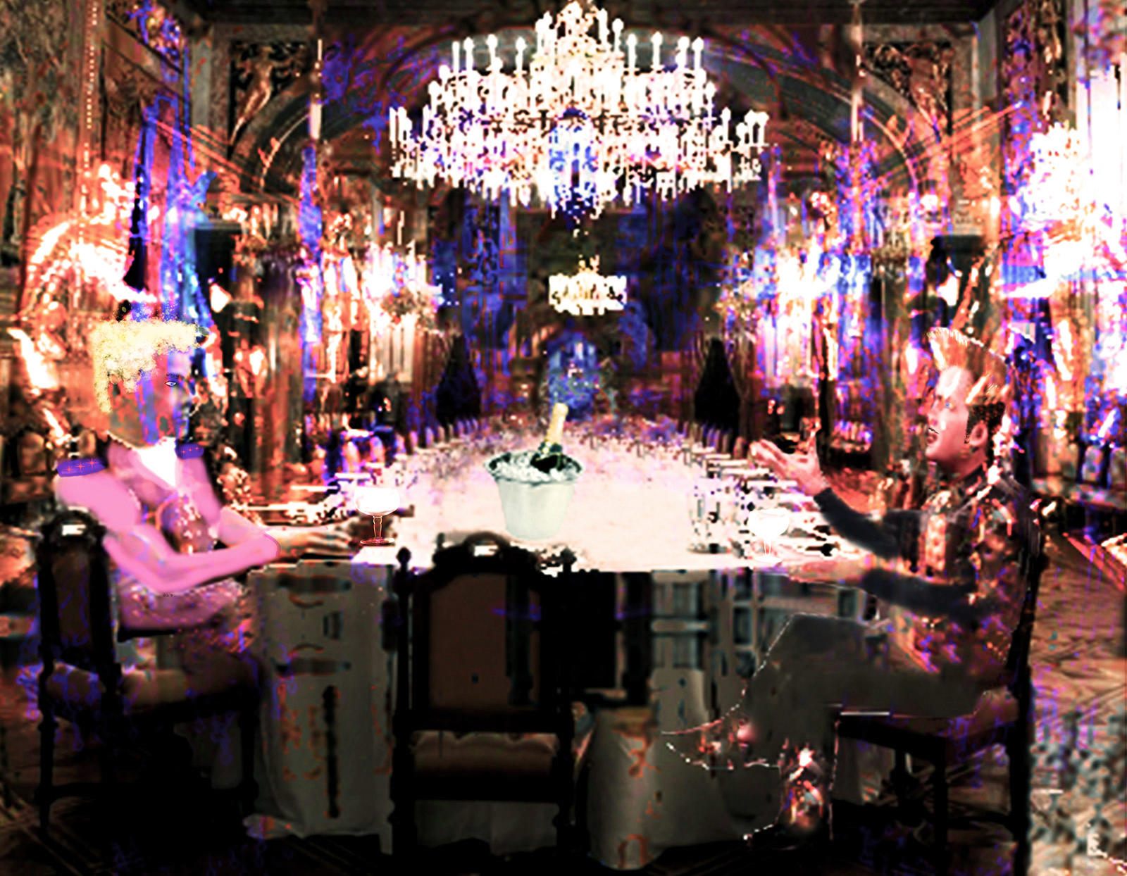 Stallone Schwarzenegger having a flashback on the Karrinne, to the previous evenings dinner at Schloss Ambras with Count Helmuth von Schaft discussing transhumanism - served by a robot butler - starfleet commander fashion item