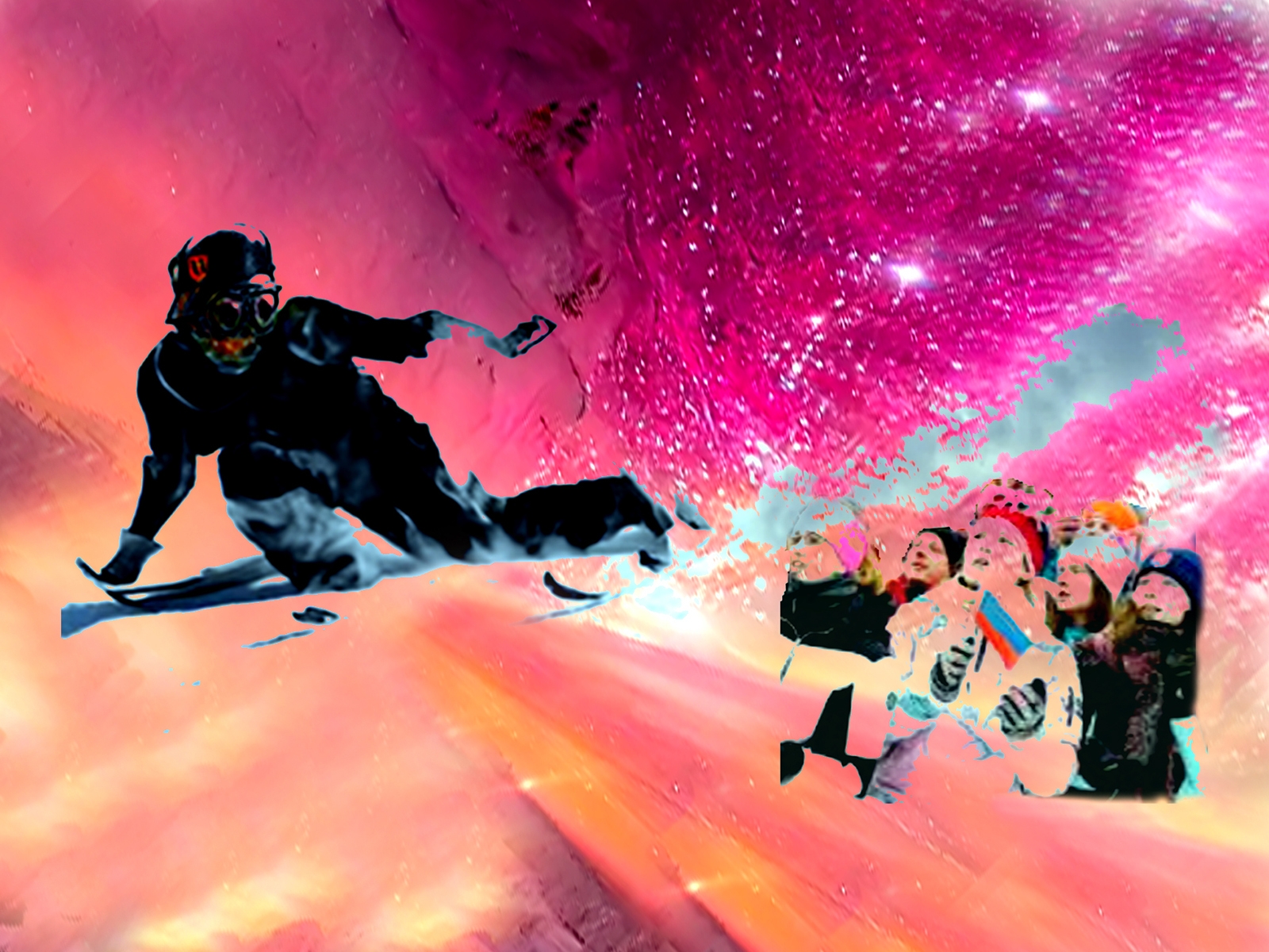 big rock candy mountain, gnarly nazi skier shredding powder - meth fueled psychedlic artwork by rup for sailor crew 2025 showering ski bunny fans on cloud 9 sundeck seegrubbe ski station