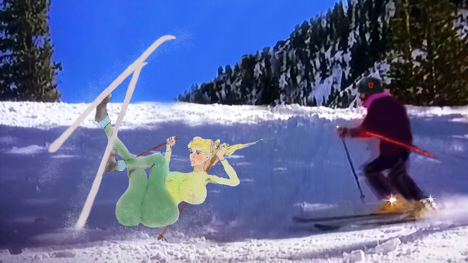 ski bunny takes a tumble on the hafelekar, hot blonde ski bunny on the seegrubbe moguls wipe out