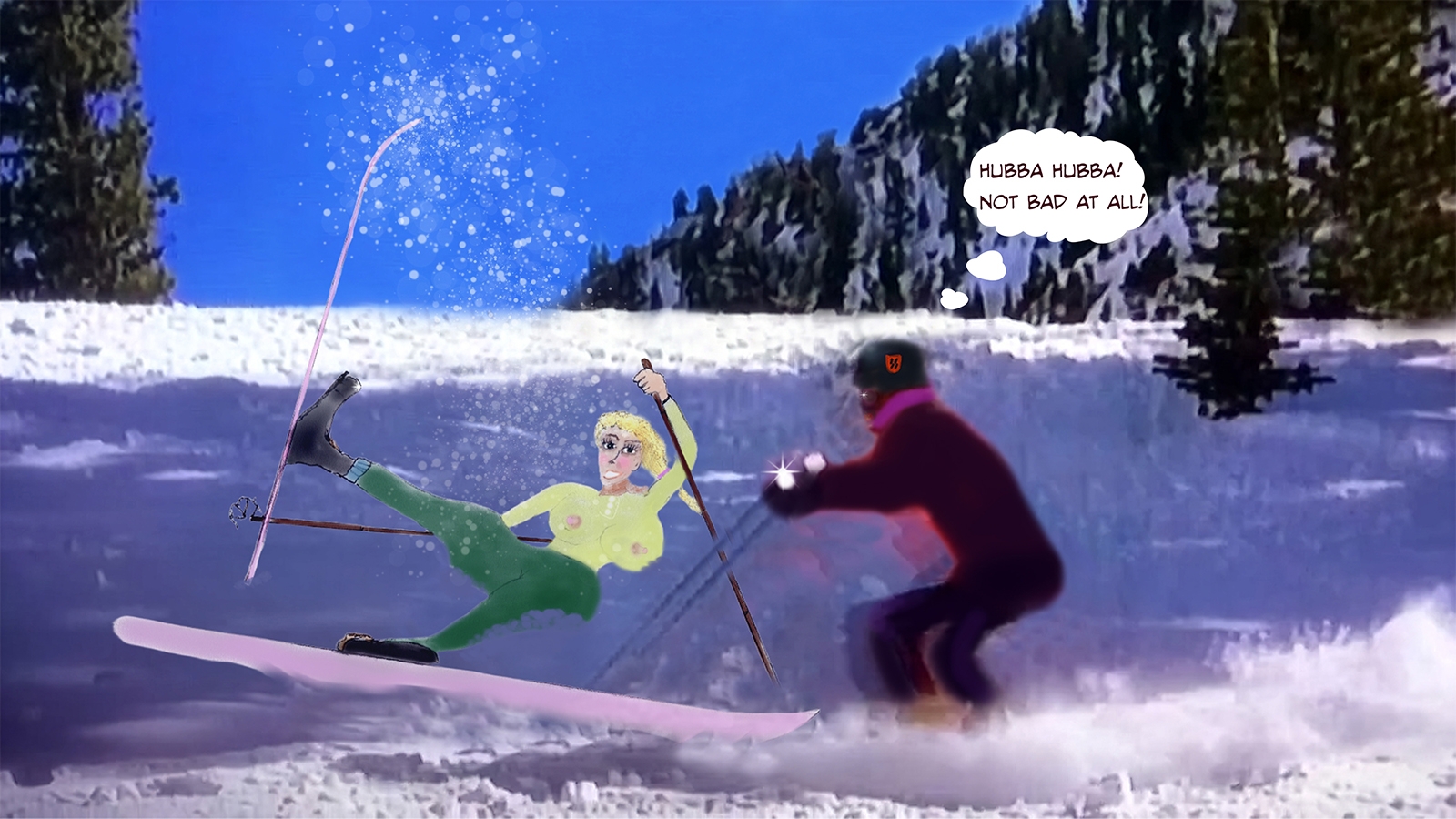 ski bunny wipeout on the hafelekar seegruube moguls female ski suite fashion item yellow and green ski outfit yellow ski blouse with white trim and buttons green ski pants