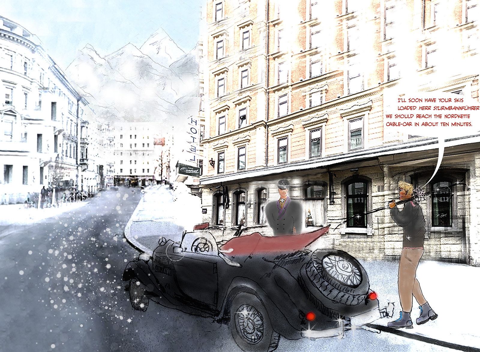 Stallone Schwarzenegger waits next to Mercedes G4 Funkwagon in his SS Sturmbanfuhrer coat as his batman loads his ski's outside hotel central Innsbruck earky winter 1939 just after the Anschluss ready for his 1st schuss of the alpine ski season