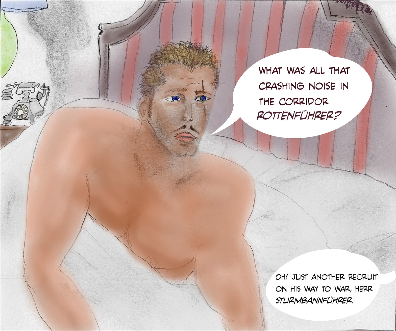 Stallone Schwarzenegger gets woken up, SS stud shows his chest in 5 star hotel bedroom scene.