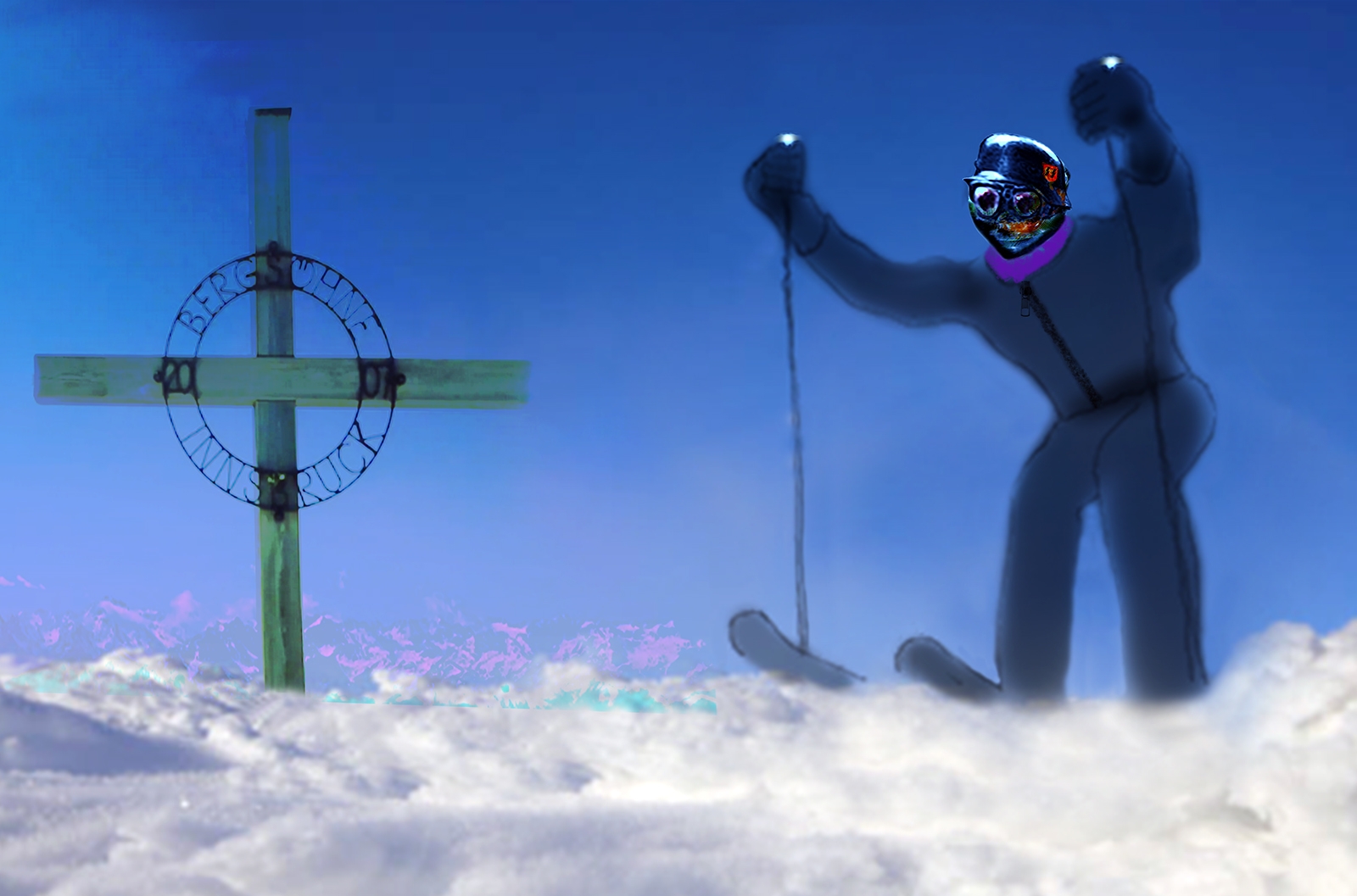 Top of Innsbruck, The Hafelekar, gnarly nazi ss ski team stallone schwarzenneger - Wundermeinschaft - wonder team 1936 german Olympic ski team contender waits at the startgate.