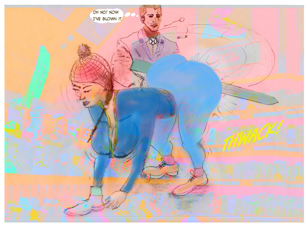 Sexy Ski-bunny gets her bum smacked by a ski psychedelic artwork ski fashion label