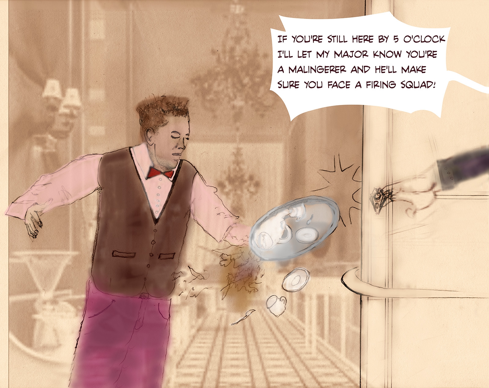 Rottenfuhrer Heni Schenk, shakes up a wop waiter, sending his bell boy tea tray flying il Duce's way. Central Hotel Innsbruck 1939 Funny SS salute, Heil door handle.