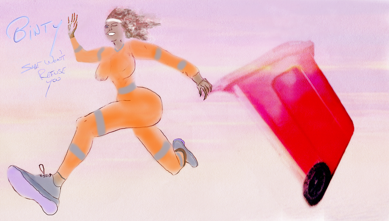 Binty, a pretty girl who works as a dust-bin person in Surf City, she won't refuse you in collecting your seed, adult comic character, girl power, urban fashion wear, orange jumpsuite with grey stripes, grunge fashion for woman.