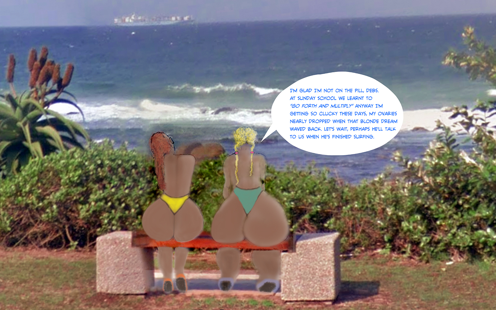 not on the pill fertile beach babes best friends cahr surf comic surfer girl adult comic huge butt hangs over bench airbrushed sketch