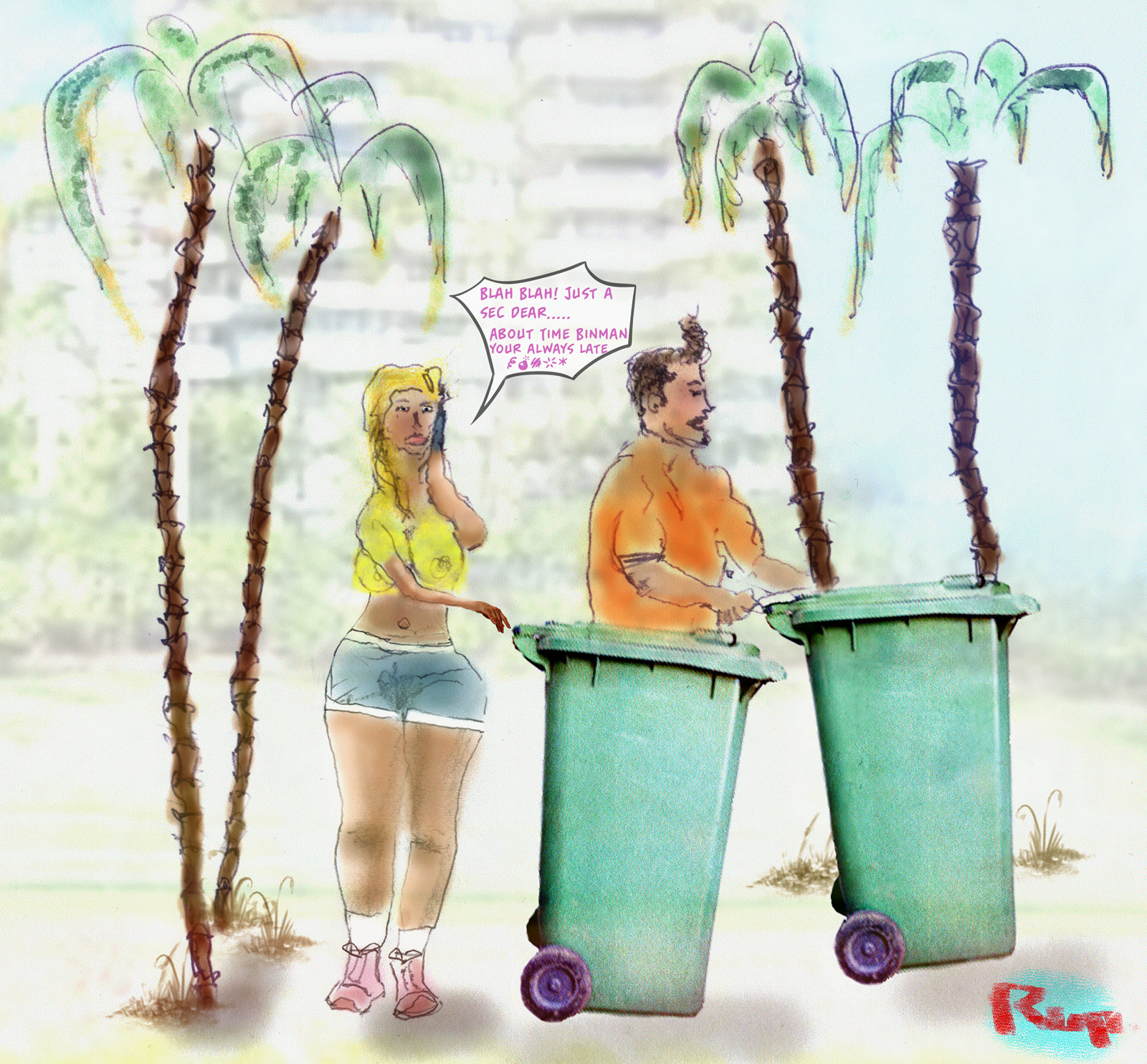 Binty urban fashion surfers paradise surf city girl power, karen on phone binman adult comic highrise culture hotpants blonde tank top blonde wide hips palm trees tropical