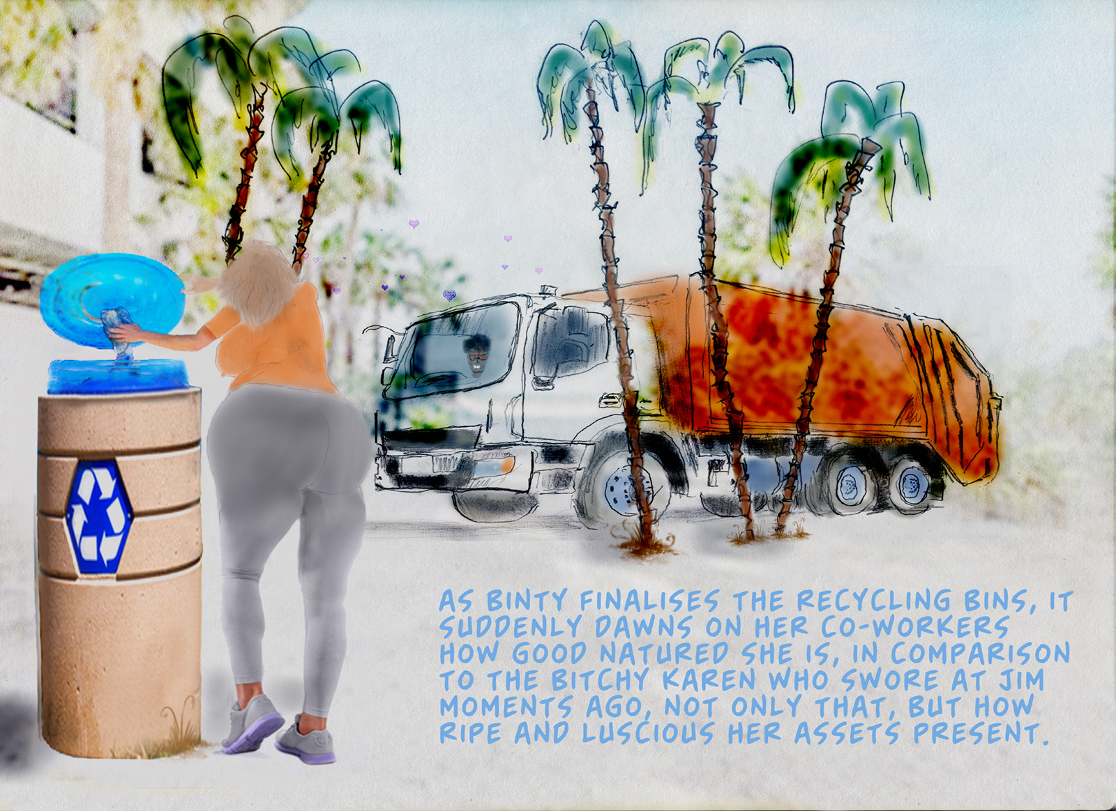 Binty urban fashion surfers paradise surf city girl power, fertile ovulating pregnant adult comic high-rise condo huge butt in gym leggings palm trees tropical colour burn art style airbrush