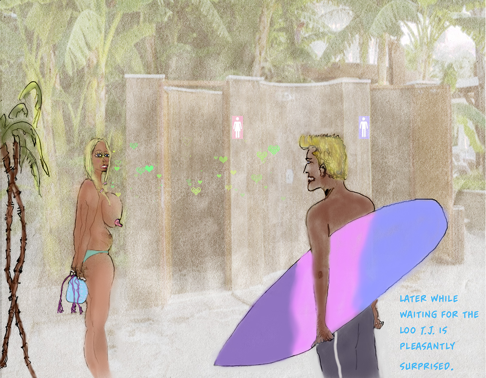 flush luv adult comic surfer dude meets beach babe loo luv surf comic airbrushed sketch tropical scene banana palms strelitzia nicolai thicket huge tits , beach fashion girls bag/ purse cool surfboard design pastel pink/bluewith purple nose