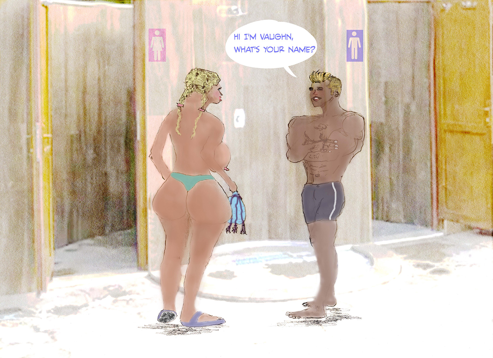 vaughn carrington surfer dude in surf comic adult comic chats up huge hootered  bubble butt TJ  outside public toilets lets go outside airbrushed sketch high fashion sailor crew baggies with stripe and girls pink holdall 