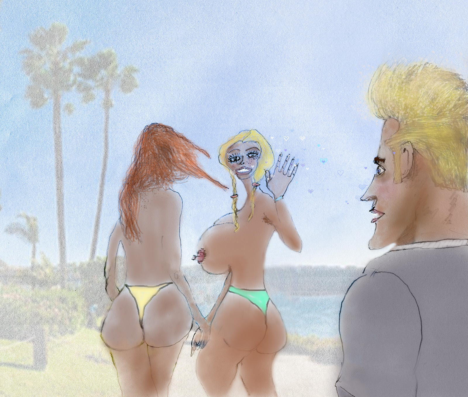 TJ Adult comic topless beach blonde beauty waves at surfer boy love at first sight airbrush sketch photo  background palm 