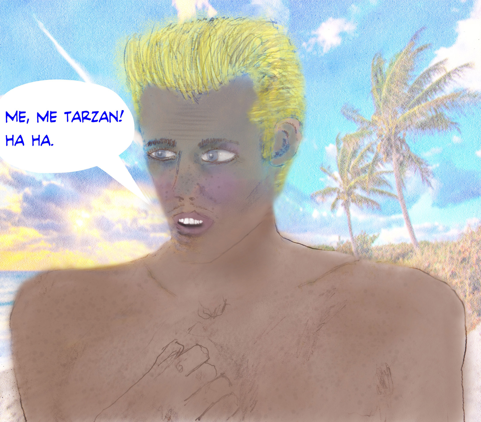 vaughn carrington surfer dude blonde hair deep tan tropical scene sunset palm tree Tarzan airbrushed sketch for sailor crew adult comic surfer comic