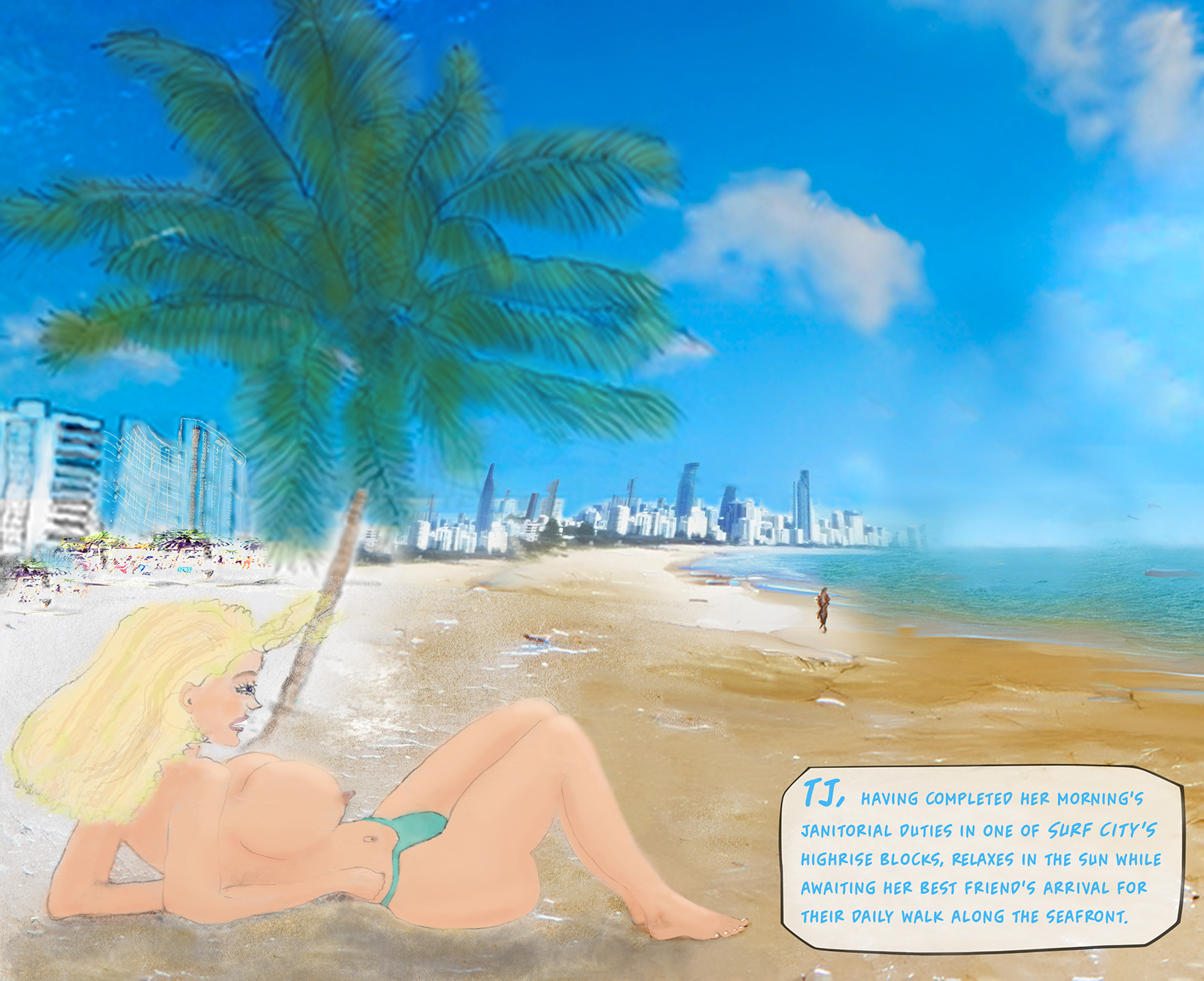 Blonde beach bimbo TJ relax surf city sea view vista airbrushed sketch tropical beach scene adult comic