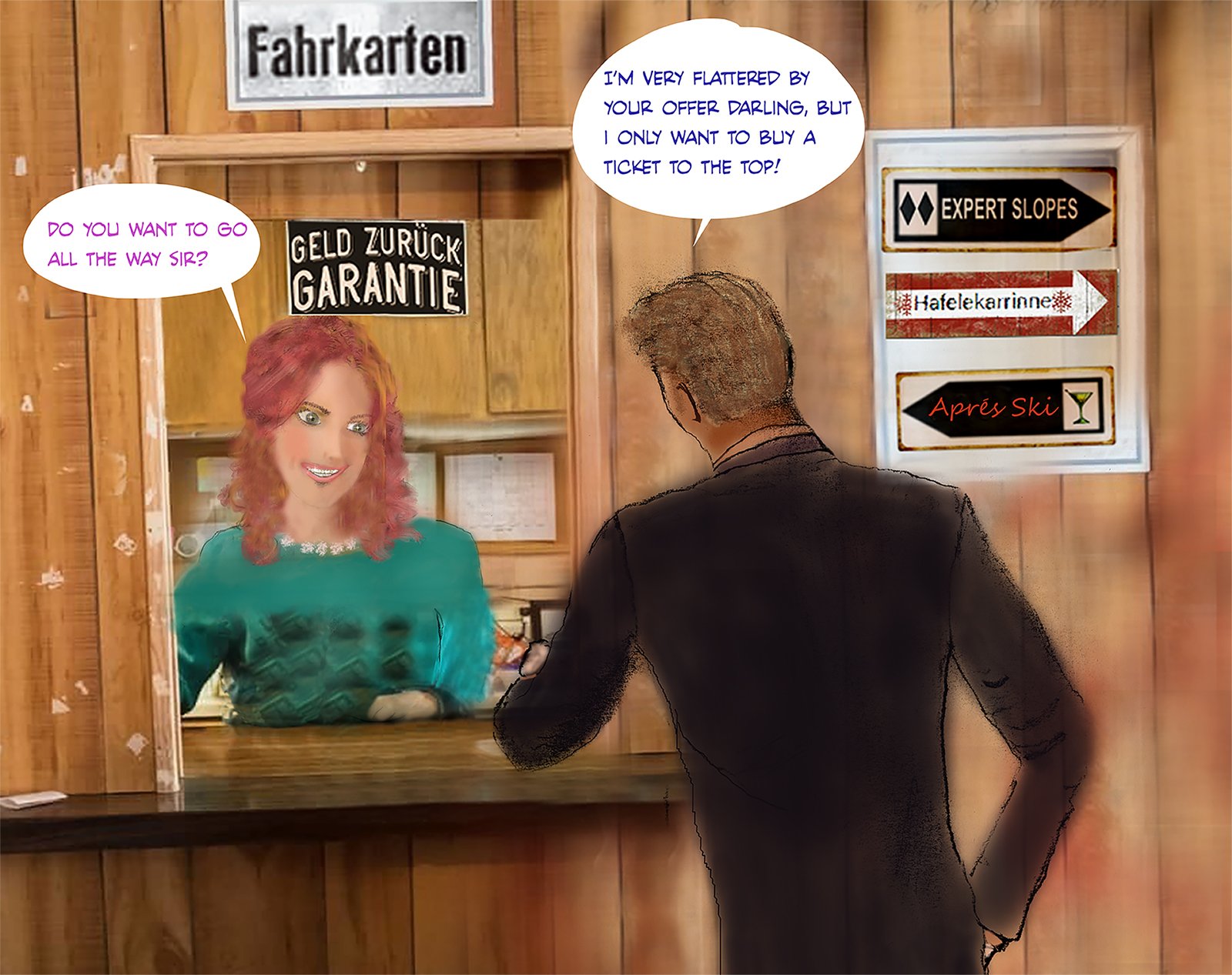 Nordkette cable car ticket office, do you want to go all the way? Stallone Schwarzenegger, SS Major buys a ticket. Pretty Austrian redhead, Innsbruck Tyrol Maiden traditional austrian dress