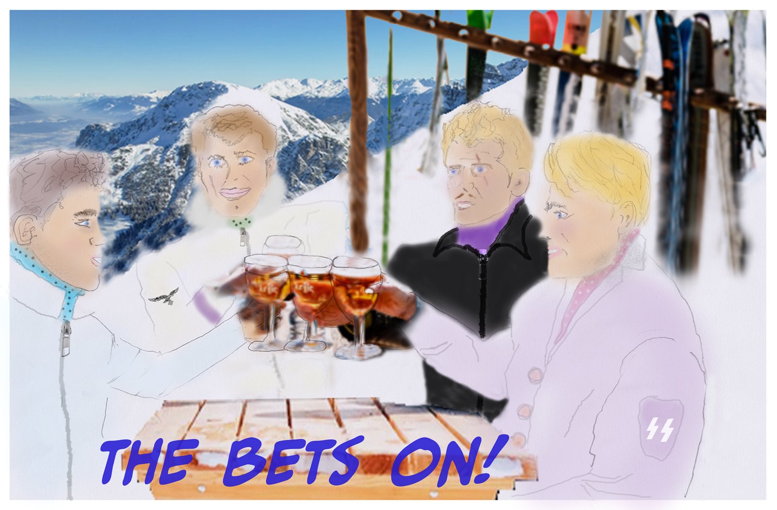 Guzzi Lantschner Olympic Gold Medal Franz Pfnür and Roman Wörndle , SS ski team by Rup for Techni Luxe SS Alpine Prinz Eugene Austria Innsbruck Hafelekar Seegrubbe Karrinne fantasy ski artwork, betting on a gamle, dice thrown on a bet ski-bet casino chinking glasses zum wohle servus prost
