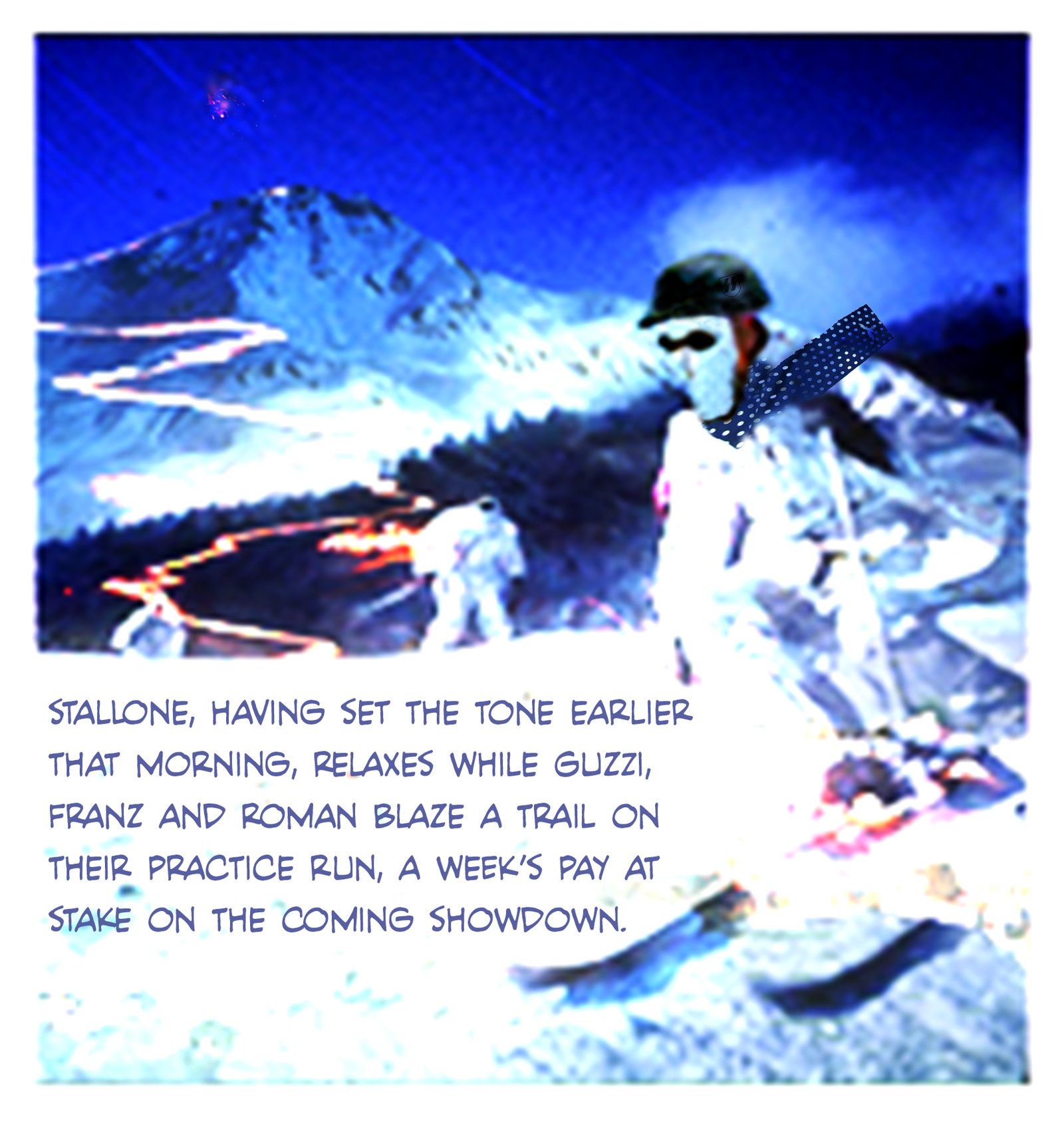 Guzzi Lantschner Olympic Gold Medal Franz Pfnür and Roman Wörndle , SS ski team by Rup for Techni Luxe SS Alpine Prinz Eugene Austria Innsbruck Hafelekar Seegrubbe Karrinne fantasy ski artwork, comic action ski comic book