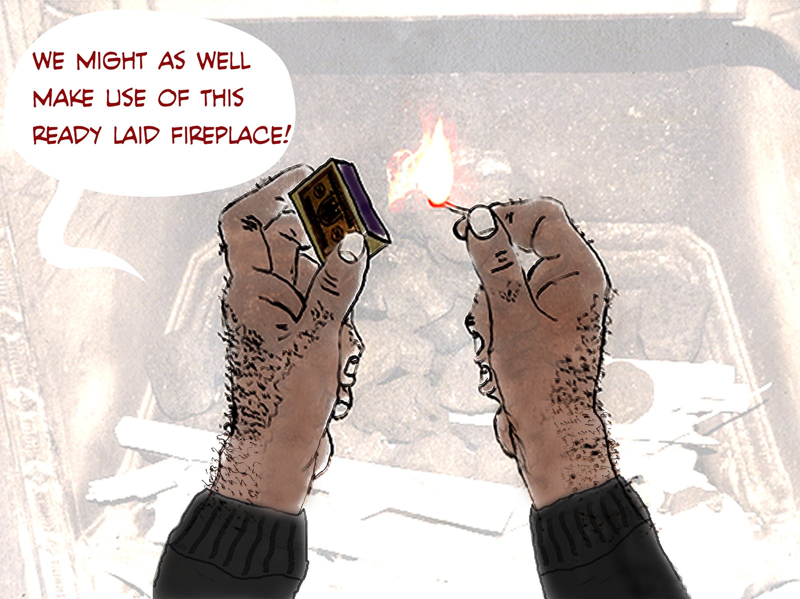 Strong masculine tanned hands lighting a wood fire in alpine chalet match burning love