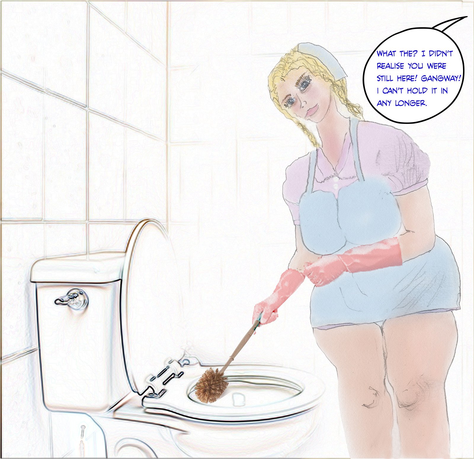 Beautiful blonde Aryan chambermaid with blue eyes scrubbing the toilet loo love flush love rubber glove love